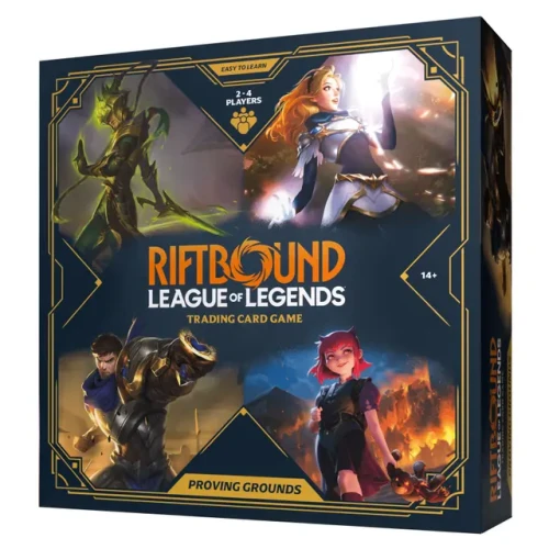 Zestaw Riftbound Proving Grounds League of Legends TCG z taliami startowymi i akrylowymi figurkami bohaterów Annie, Master Yi, Lux i Garen.