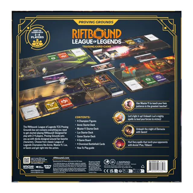 Zestaw Riftbound Proving Grounds League of Legends TCG z taliami startowymi i akrylowymi figurkami bohaterów Annie, Master Yi, Lux i Garen.