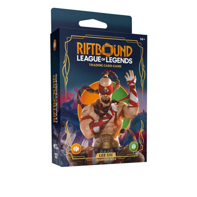 Lee Sin Champion Deck – gotowa do gry talia 56 kart z boosterem Riftbound, pełnowymiarową matą do gry oraz składanym pudełkiem na karty, przeznaczona do strategicznej rozgrywki w TCG.