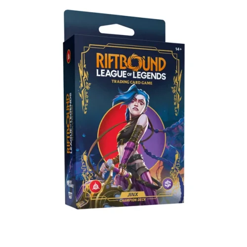 Jinx Champion Deck – agresywna talia TCG składająca się z 56 kart, zawierająca booster Riftbound, pełnowymiarową matę do gry oraz składane pudełko na karty, gotowa do dynamicznej rozgrywki prosto po otwarciu.
