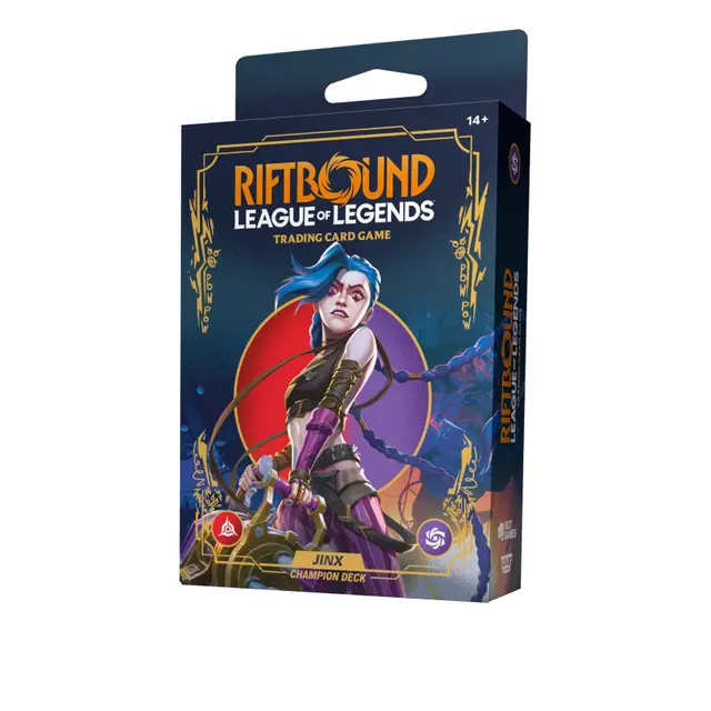 Jinx Champion Deck – agresywna talia TCG składająca się z 56 kart, zawierająca booster Riftbound, pełnowymiarową matę do gry oraz składane pudełko na karty, gotowa do dynamicznej rozgrywki prosto po otwarciu.