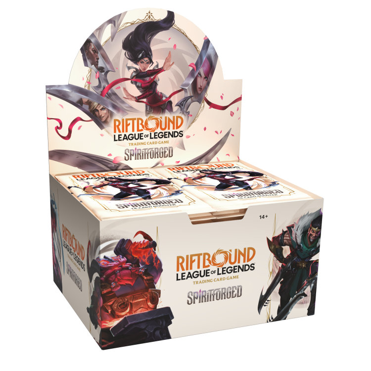 Display boosterów Riftbound Spiritforged z 24 boosterami, prezentujący oryginalną oprawę graficzną League of Legends TCG, karty mistrzów oraz premium karty foliowane.