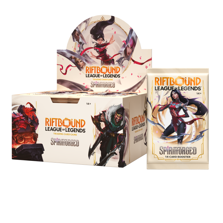 Display boosterów Riftbound Spiritforged z 24 boosterami, prezentujący oryginalną oprawę graficzną League of Legends TCG, karty mistrzów oraz premium karty foliowane.