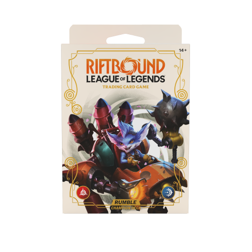 Talia mistrzowska Rumble’a – prekonstruowana talia 56 kart o tematyce Mecha-Minion, zawierająca booster Spiritforged, papierową matę do gry, dedykowane pudełko na karty oraz instrukcję zasad, zaprezentowana w oryginalnym opakowaniu detalicznym.