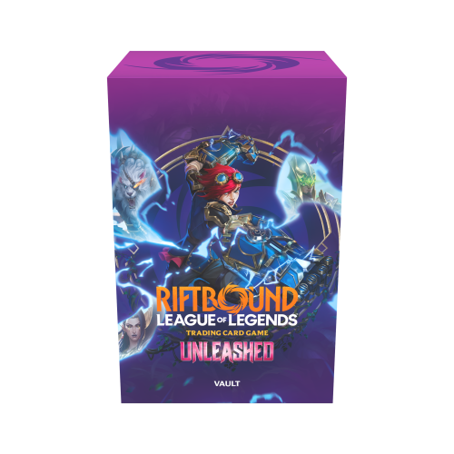 Zestaw Riftbound Unleashed Vault z 6 boosterami, 36 runami, dwustronnymi tokenami full-art, artystycznymi przekładkami oraz pudełkiem do przechowywania kart z dodatku Unleashed.