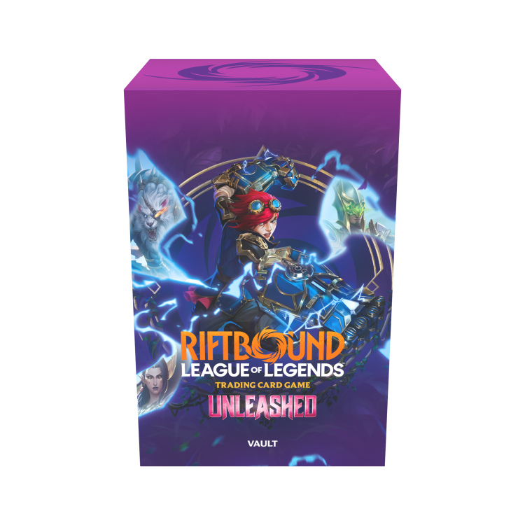 Zestaw Riftbound Unleashed Vault z 6 boosterami, 36 runami, dwustronnymi tokenami full-art, artystycznymi przekładkami oraz pudełkiem do przechowywania kart z dodatku Unleashed.
