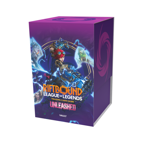 Zestaw Riftbound Unleashed Vault z 6 boosterami, 36 runami, dwustronnymi tokenami full-art, artystycznymi przekładkami oraz pudełkiem do przechowywania kart z dodatku Unleashed.