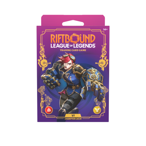Display talii mistrzowskich Riftbound Unleashed Vi z 4 angielskimi prekonstruowanymi taliami po 56 kart, zawierający boostery Unleashed, papierowe maty do gry, pudełka na karty oraz dynamiczną grafikę League of Legends TCG.