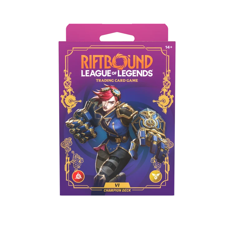 Display talii mistrzowskich Riftbound Unleashed Vi z 4 angielskimi prekonstruowanymi taliami po 56 kart, zawierający boostery Unleashed, papierowe maty do gry, pudełka na karty oraz dynamiczną grafikę League of Legends TCG.