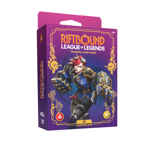 Display talii mistrzowskich Riftbound Unleashed Vi z 4 angielskimi prekonstruowanymi taliami po 56 kart, zawierający boostery Unleashed, papierowe maty do gry, pudełka na karty oraz dynamiczną grafikę League of Legends TCG.