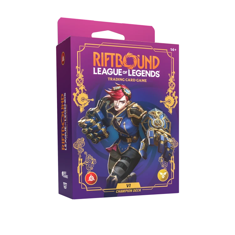 Display talii mistrzowskich Riftbound Unleashed Vi z 4 angielskimi prekonstruowanymi taliami po 56 kart, zawierający boostery Unleashed, papierowe maty do gry, pudełka na karty oraz dynamiczną grafikę League of Legends TCG.