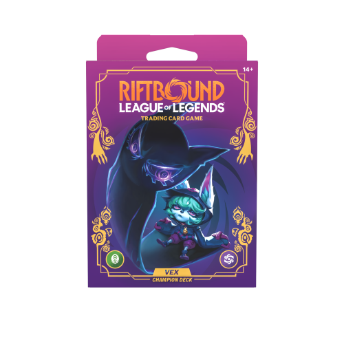 Display talii mistrzowskich Riftbound Unleashed Vex z angielskimi prekonstruowanymi taliami po 56 kart, zawierający boostery Unleashed, papierowe maty do gry, pudełka na karty oraz mroczną grafikę League of Legends TCG.