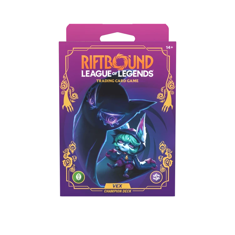 Display talii mistrzowskich Riftbound Unleashed Vex z angielskimi prekonstruowanymi taliami po 56 kart, zawierający boostery Unleashed, papierowe maty do gry, pudełka na karty oraz mroczną grafikę League of Legends TCG.